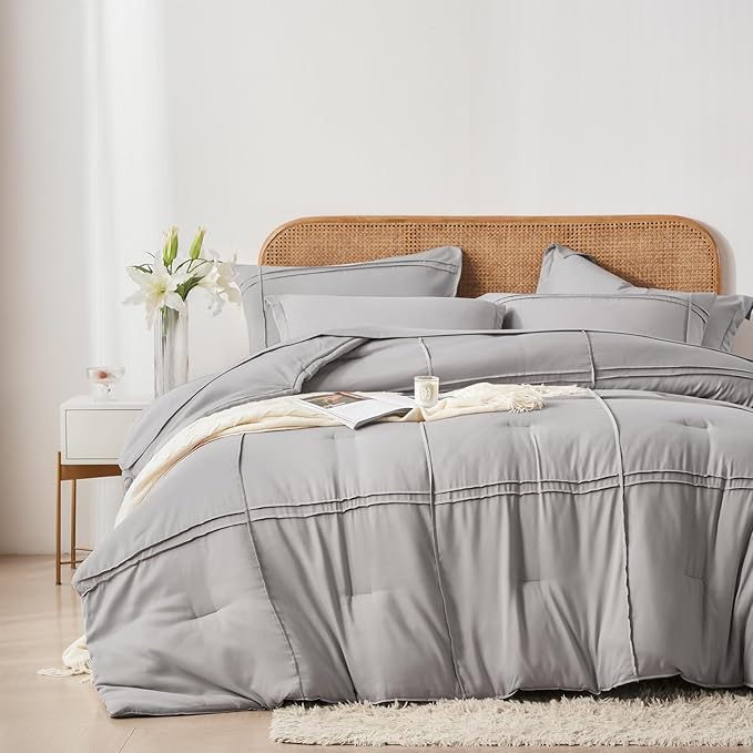 Yogeneg Full Size Comforter Set 7 Piece Bed in a Bag,Grid Pinch Pleat Grey Bedding Set,Striped Textured Soft Microfiber Comforter with Sheet Set,All Season Complete Bed Set(Grey,Full)