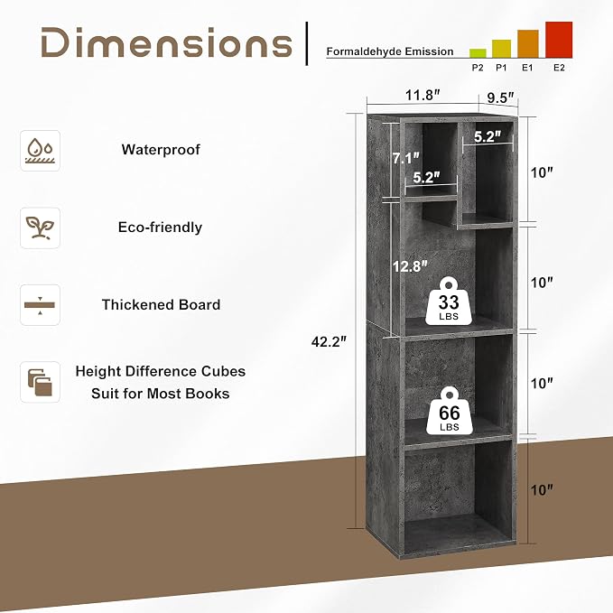 VECELO 4-Tier Bookcase, Modern Storage Cabinet with Height Difference Shelves for Standard Textbooks, 5 Cubes, Vertical or Horizontal, Easy Assembly, Grey