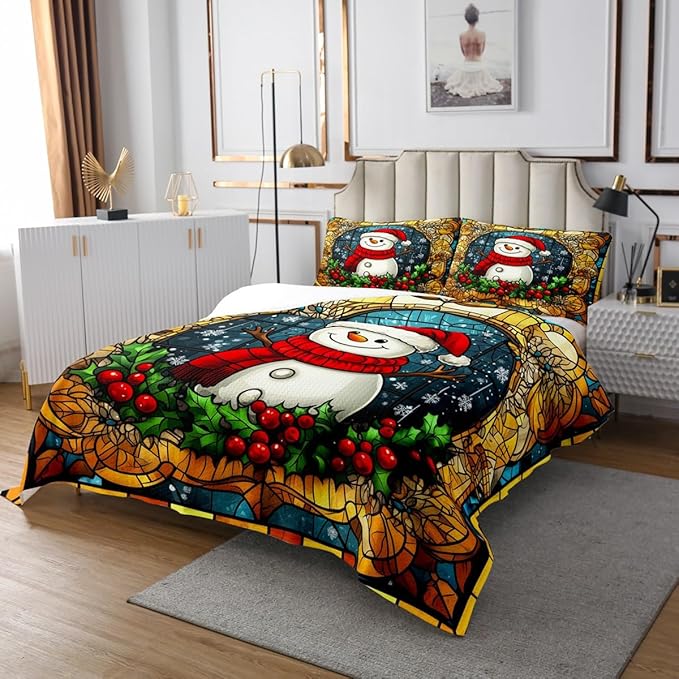 Cartoon Snowman Kid Bedspread Queen Size,Merry Christmas Happy New Year Snowflake Coverlet Set,Boys Girls Room Decor,Poinsettia Flower Plaids Quilted Coverlet,Xmas Cute Bedding Quilt,2 Pillowcases