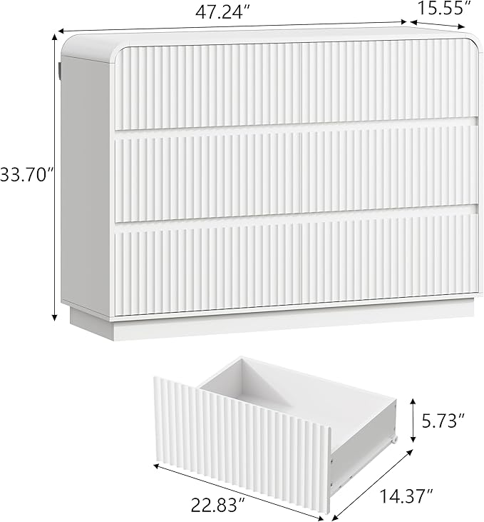 White Dresser Fluted 6 Drawers Dresser for Bedroom, 47" Wide Wood Chest of Drawers with Hidden Handles & Rounded Corners, Modern TV Stand Storage Cabinet for Living Room, Hallway, Entryway