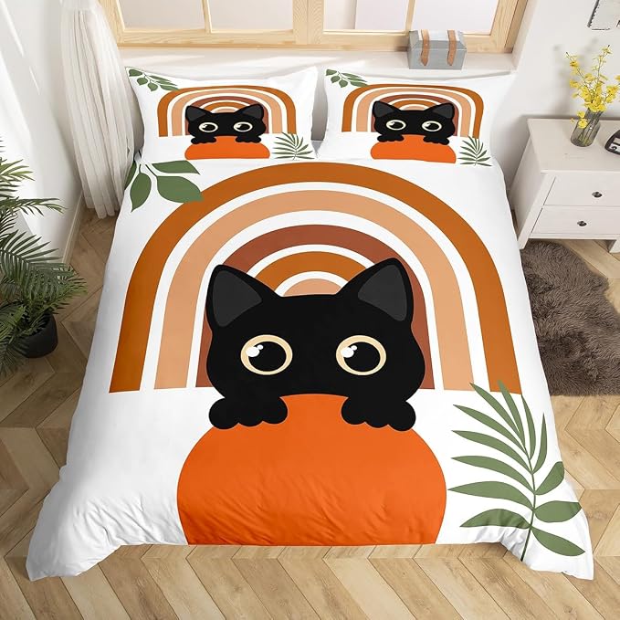 Erosebridal Cartoon Cat Comforter Cover King Vintage Mid Century Bedding Set Modern Minimalism Animal Duvet Cover for Kids Girls Boys Adults Boho Abstract Geometric Bed Set