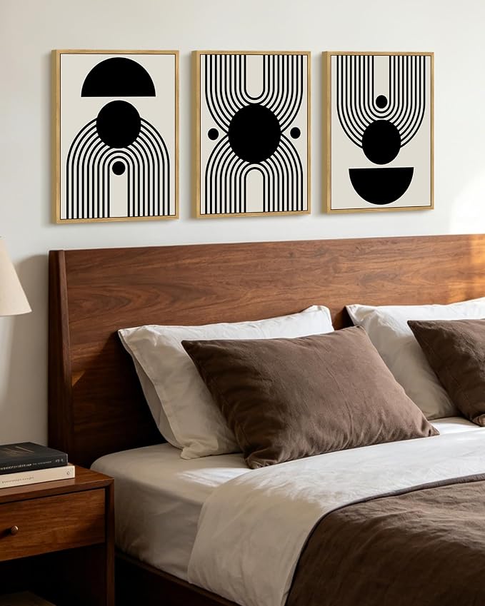 KUVIOKE Black Abstract Framed Wall Art Minimalist Geometry Lines Painting Artwork for Living Room Bedroom 12x16in (Natural Framed)