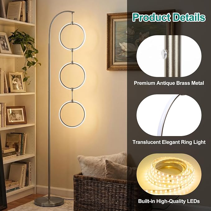 Bairth Silver 3-Light LED Floor Lamp, Modern Arc Floor Lamp for Living Room, Industrial Stepless Dimmable & 3-Way Dimmable Tall Arch Standing Floor Lamp for Reading, Bedroom, Office, Brushed Nickel