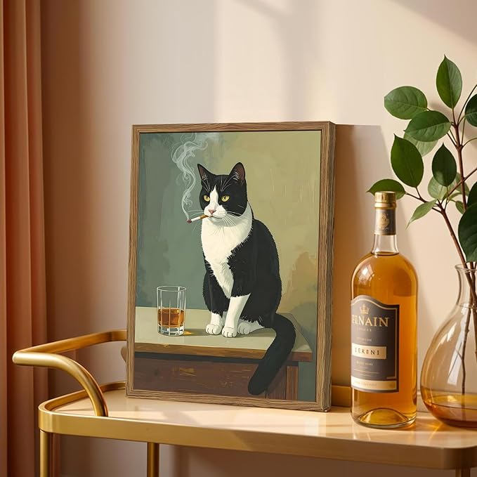 Funny Cat Wall Art Cute Black and White Tuxedo Cat with Cigarette Wall Decor Painting Vintage Animal Bar Poster Canvas Picture Print for Living Room Bedroom 12x16 inch Wood Framed