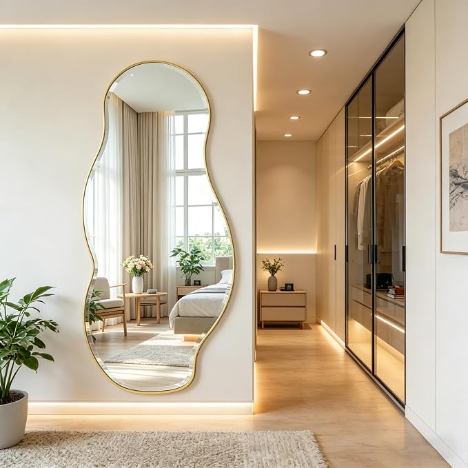 POZINO Large Irregular Beveled Mirror, 63"x28.5" Asymmetrical Full Length Mirror with Gold Metal Frame, Organic Shape Wall Mirrors for Entryway Living Room Bathroom, Horizontal/Vertical Hanging