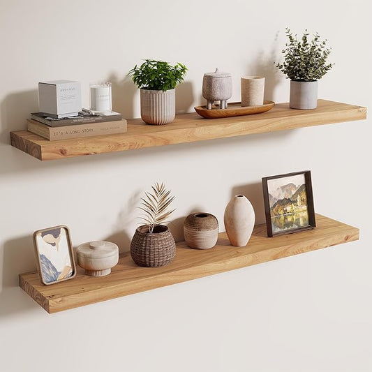 Axeman Floating Shelves for Wall - 40''W x 8'' D Rustic Solid Elm Wood Shelves for Storage, Wall Mounted Display Shelving with Invisible Heavy-Duty Metal Bracket (Natural, 2PCs)