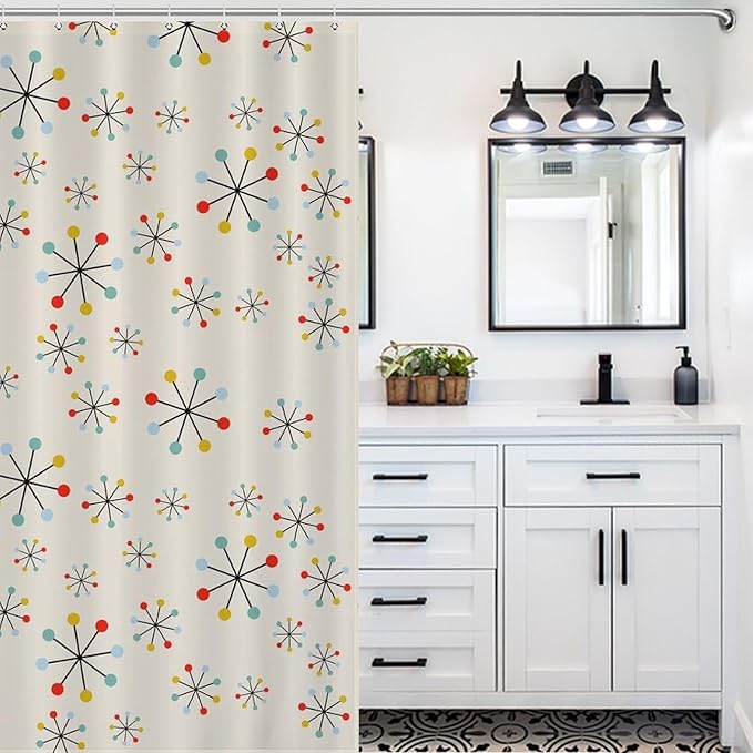Mid Century Shower Curtain Beige Atomic Space Age Abstract Repeating Pattern Duty Fabric Shower Curtains Set Bathroom Polyester Waterproof with 12 Hooks,72x72Inch（183x183cm）