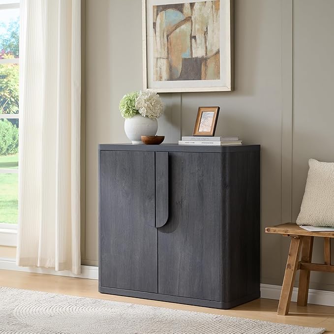 34.5'' Sideboard Buffet Cabinet W/Storage, Modern Accent Cabinets W/Curved Handles & Adjustable Shelves, 2 Doors Coffee Bar Buffet Table Credenza for Living Room Kitchen Hallway, Natural Oak
