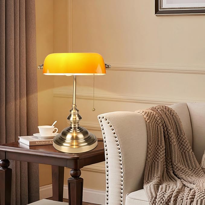 FIRVRE Bankers Desk Lamp with Pull Chain Switch, Amber Glass Shade Desk Lamps, Bronze Base,Vintage Library Lamp for Home Office, Study Room,Piano