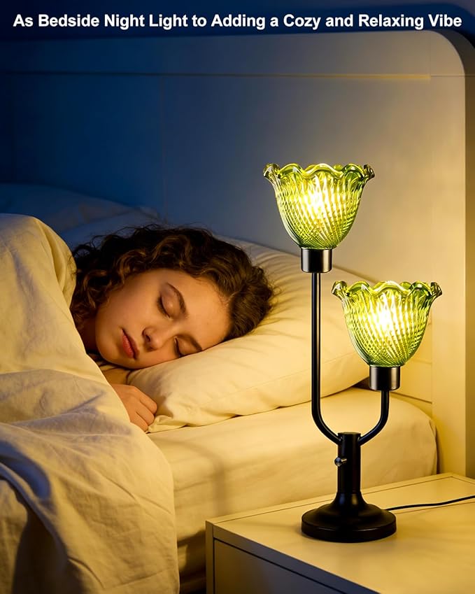 Lightdot Green Glass Flower Table Lamp for Bedroom Dimmable Mid Century Modern Vintage Desk Lamp Black Nightstand Lamp 2 Bulbs Included Warmwhite Ambient Bedside Lamp for Living Room Home Office Decor