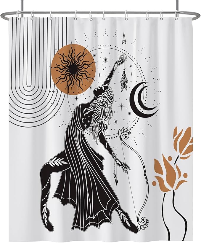 Baocicco Boho Shower Curtain Sun Moon Women Bow and Arrow Plants Modern Geometric Shower Curtains Decorative for Bathroom Waterproof Fabric Shower Curtain with Hooks 60x72 Inches
