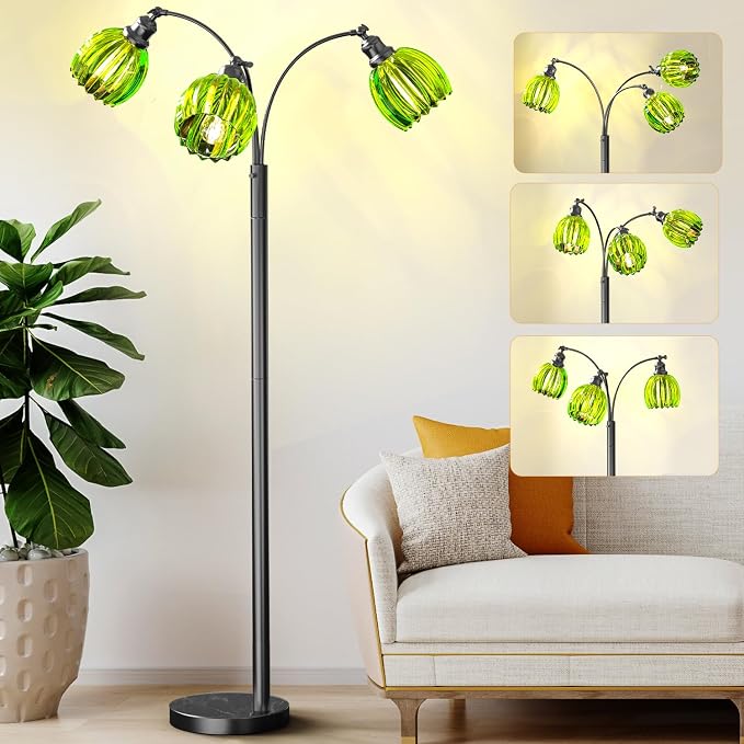 Arc Floor Lamps for Living Room, Dimmable Floor Lamp with Green Flower Glass Shades and 3 Brightness Lights, Adjustable Arm, Modern Tree Tall Standing Lamp Corner Arched Light for Bedroom Decor