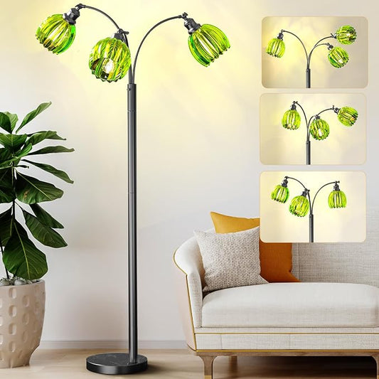 Arc Floor Lamps for Living Room, Dimmable Floor Lamp with Green Flower Glass Shades and 3 Brightness Lights, Adjustable Arm, Modern Tree Tall Standing Lamp Corner Arched Light for Bedroom Decor