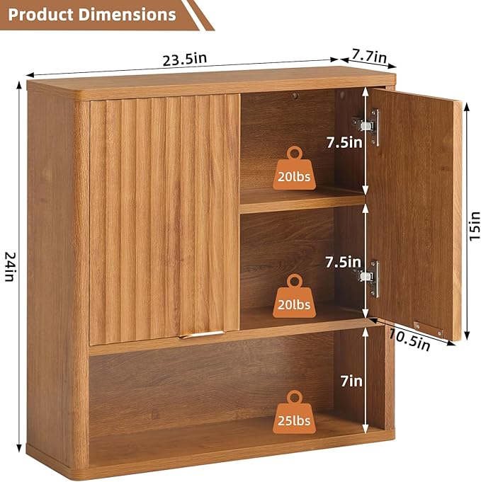 LEYAOYAO Fluted Bathroom Wall Cabinet, Wall-Mounted Medicine Cabinet w/Adjustable Shelf & Doors, Farmhouse Floating Over The Toilet Storage Cabinets for Laundry Room, Kitchen, Living Room (Tea Brown)
