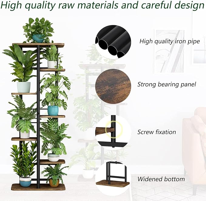 LINZINAR Plant Stand 7 Tier 8 Potted Multiple Flower Pot Holder Shelf Indoor Outdoor Planter Rack Storage Organizer for Patio Garden Corner Balcony Living Room (Black, 7 Tier)