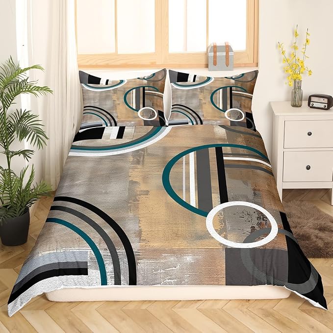 Erosebridal Oil Painting Bedding Sets for Kids Teens,Cream Brown Gray Duvet Cover Twin Size,Swirls Duvet Cover Set,Modern Chic Abstract Artwork Bed Set 2Pcs with 1 Pillow Case Zipper