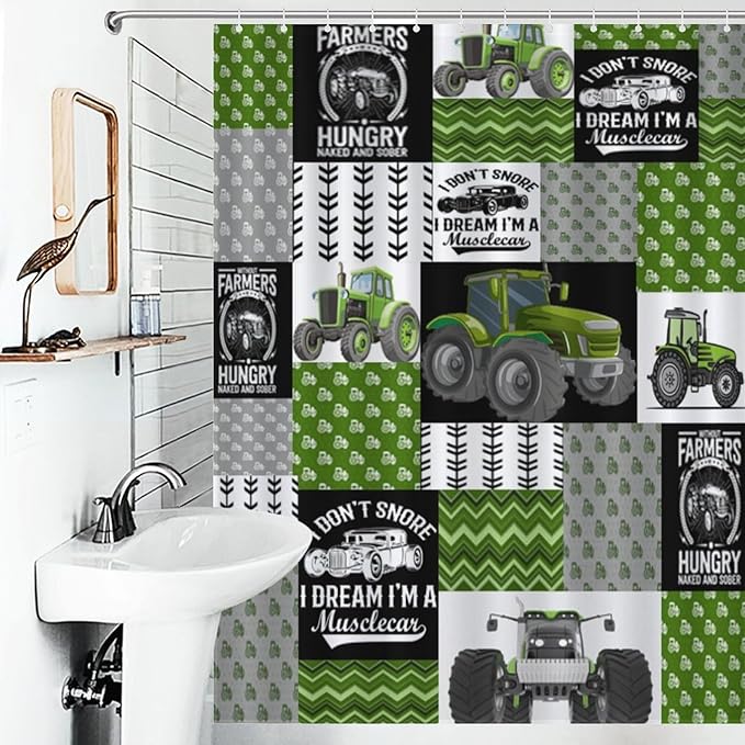 Tractor Shower Curtains Cartoon Farm Kids Tractor Boys Girls Truck Car Harvester Excavator Waterproof Shower Curtains for Bathroom Decor 12 Pack Hooks 55x72in（140x183cm）
