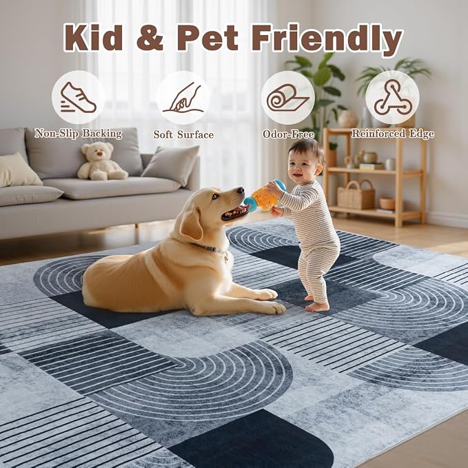 Area Rugs for Living Room Bedroom - Soft Mid Century Modern Rug 6x9ft, Washable Non-Slip Grey Rug Indoor Floor Mat Abstract Carpet for Dining Room Nursery Office Home Decor