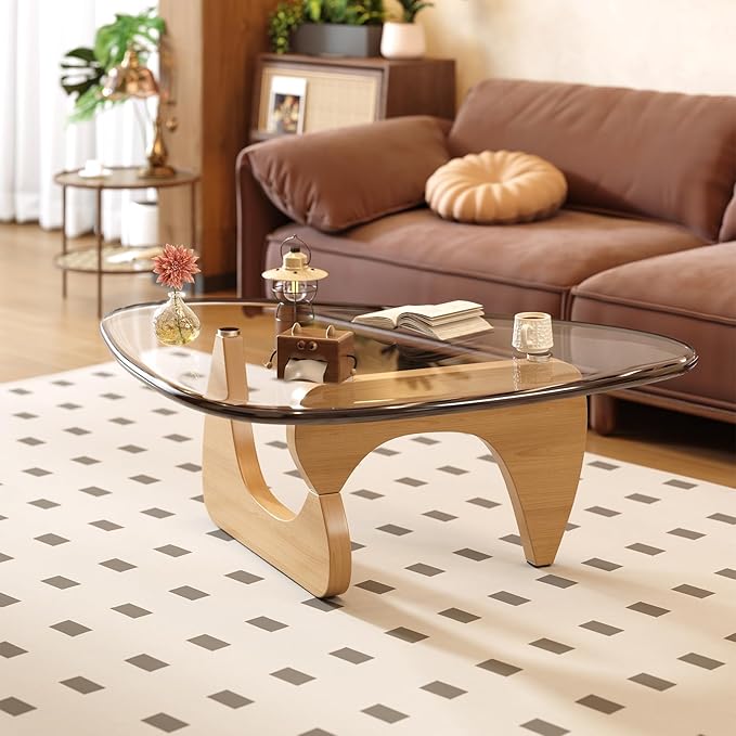 Coffee Table for Living Room Mid Century Modern Center Small Table with Glass Top and Wood, Original Transparent