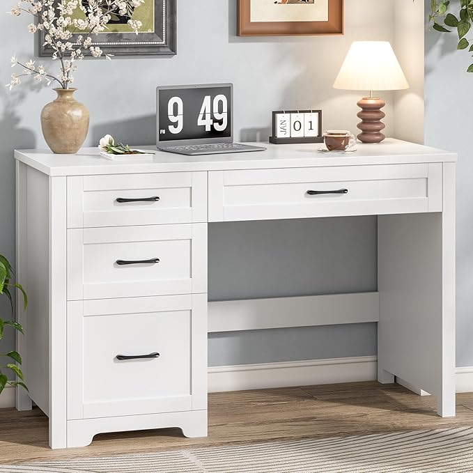 Vabches Farmhouse 47" Executive Desk with File Drawer, Wood Computer Desk with 3 Storage Drawers, Workstation for Home Office, Study, Writing.White.