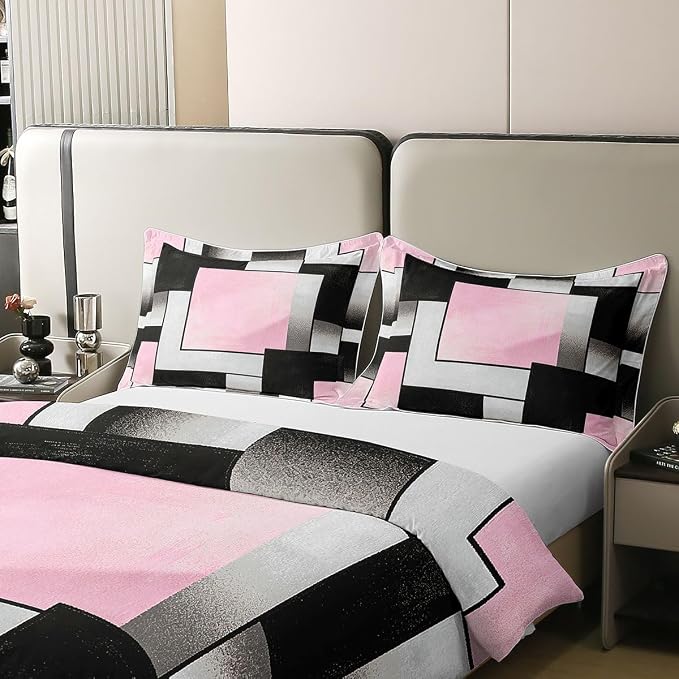Erosebridal Pink and Black Bedding Set Twin Modern Square Geometric 100% Cotton Duvet Cover Mid Century Minimalist Abstract Comforter Cover for Kids Teens Adults Contemporary Stripes Bed Set 2 Pcs