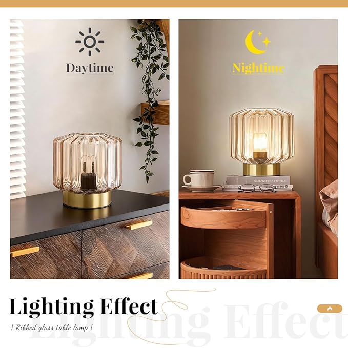Mid Century Table lamp of 2 Small Table Lamps with Touch Switch Amber Glass Table lamp Gold Desk lamp Modern nightstand lamp Bedside Table Lamps for Bedroom Living Room Office