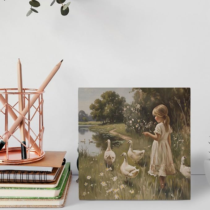 Vintage Rustic Girl and Goose Wooden Box Sign Desk Decor, Moody Countryside Cottagecore Wildflower Goose Wood Signs for Home Office Desk Table Shelf Decorations, 5x5 Inch