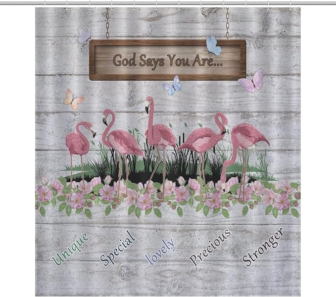 Flamingo Shower Curtain,Summer Beach Tropical Leaves Butterflys Floral with Inspirational Quotes Waterproof Shower Curtains for Bathroom Decor 12 Pack Hooks 66x72in（168x183cm）
