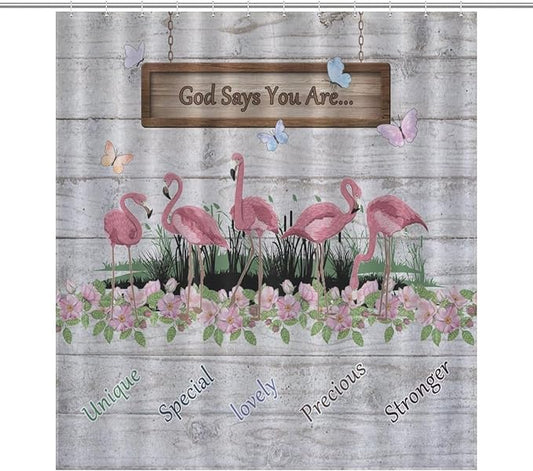 Flamingo Shower Curtain,Summer Beach Tropical Leaves Butterflys Floral with Inspirational Quotes Waterproof Shower Curtains for Bathroom Decor 12 Pack Hooks 66x72in（168x183cm）