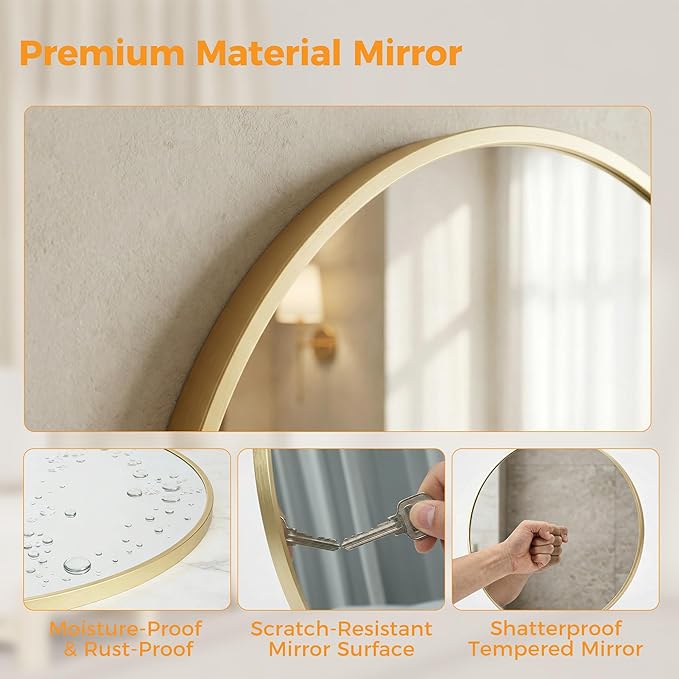 20 Inch Gold Round Bathroom Wall Mirror, Round Mirrors for Wall Decor, Circle Mirror for with HD Shatter-Proof Glass for Entryway, Living Room, Bedroom, Dressing Room, Home Decor
