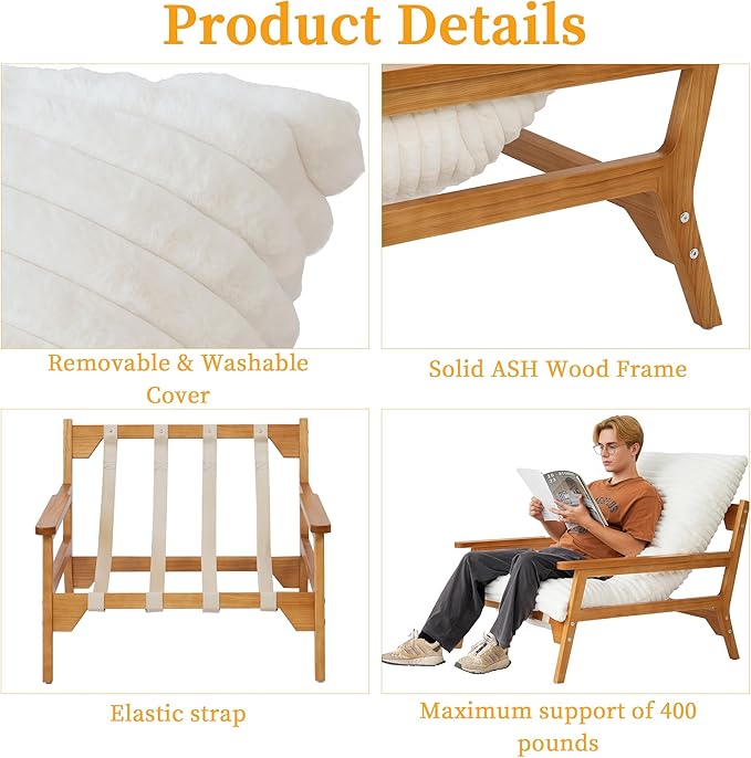 WJShome Modern Accent Chair, Comfy Chaise Lounge Chair with Ash Wood Armrest, Upholstered Armchair with Soft Cushion for Bedroom Balcony Lounge Reading Room, Beige