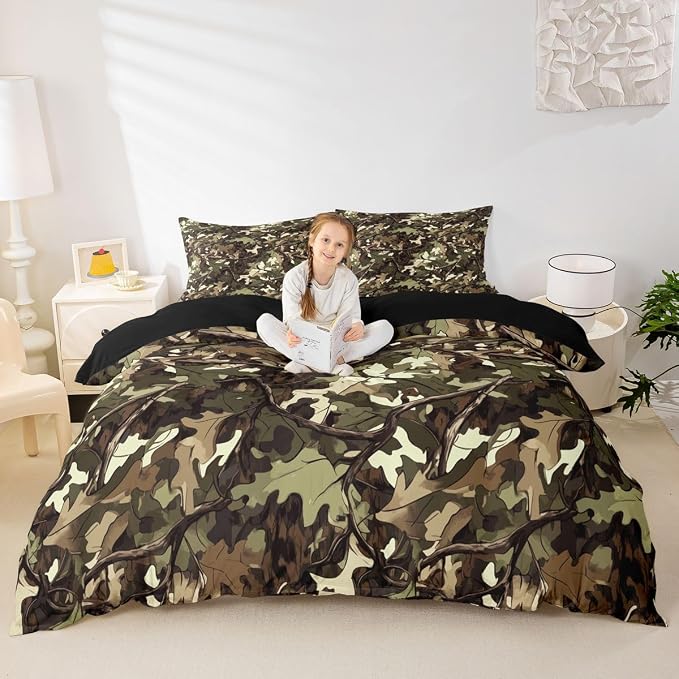 Erosebridal Tree Branches Duvet Cover Set Botanical Leaf Plant Queen Bedding Sets for Kids Boys | Natural Green Camo Tree Comforter Cover Woodland Tropical Jungle Bed Sets, Room Decor Aesthetic