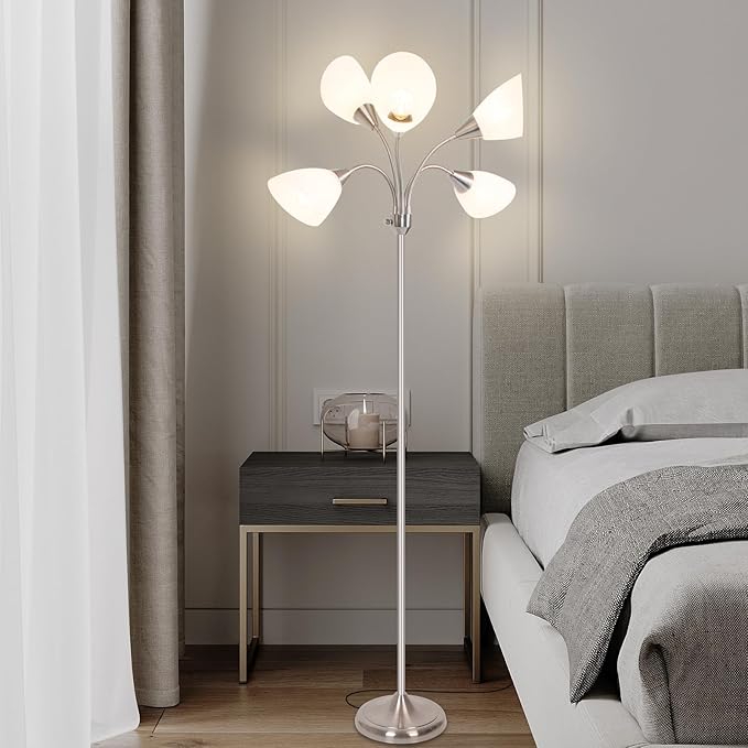 Floor Lamp, 5 Adjustable Neck Heads with Lampshades, Multi-Light Standing Reading Lamp for Living Room, Bedroom, Office