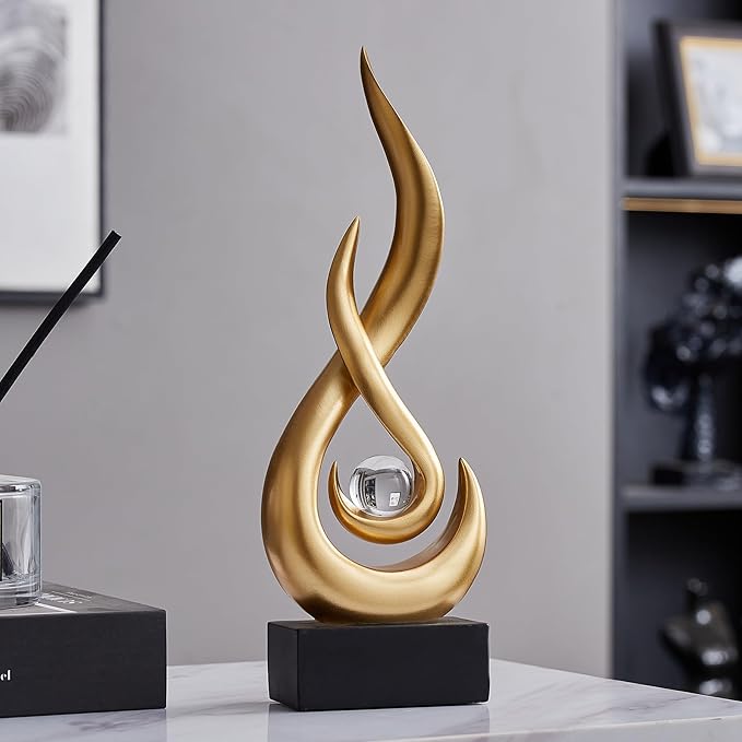 Octdays Gold Abstract Statue Sculpture Decorations, 11.61" H Modern Sculptures Home Décor Accents, Resin Art Flame Figurines for Living Room Table Centerpiece Office Desk TV Stand Decor