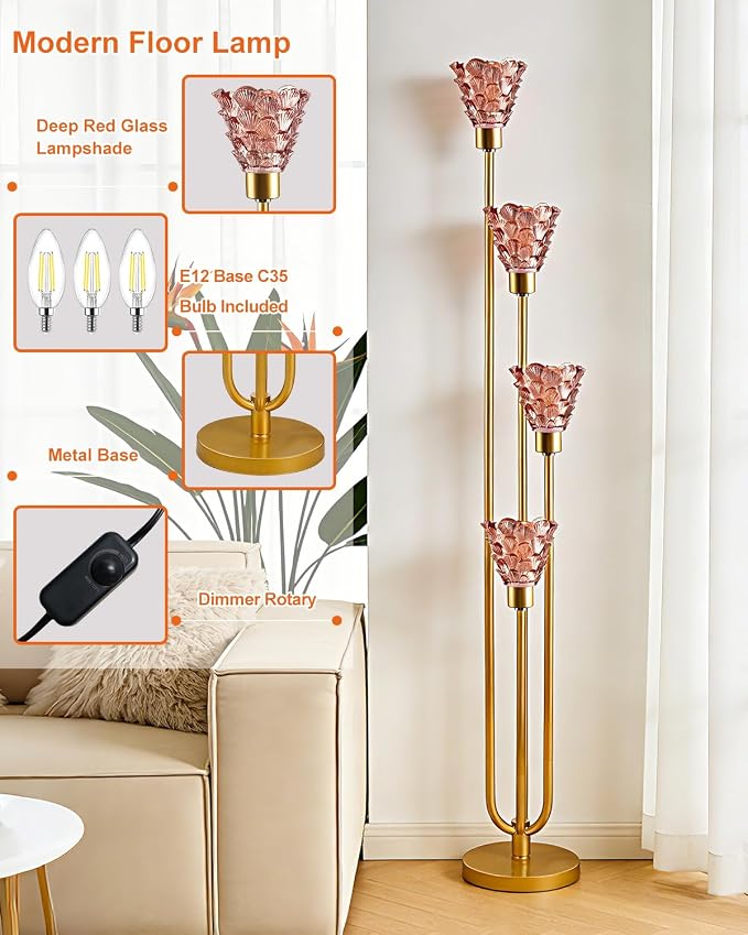 Lightdot Glass Floor Lamp Dimmable 4-Lights Gold with Deep Red Glass Shade 3000K Bulbs Included Mid Century Modern Standing Tall Lamp with 5Lbs Heavy Base for Living Room/Bedroom/Sofa Beside