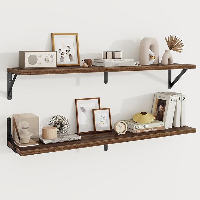 Floating Shelves, 8 Inch Deep Rustic Wood Wall Storage, 36W x 8D Wall Shelves Set of 2, Heavy Duty Metal Brackets, Industrial Book Shelf for Living Room, Kitchen, Bathroom, Bedroom, Walnut