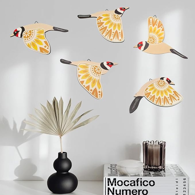 EMINGSKY 5 Pcs Wooden Bird Wall Art Wood Flying Birds Wall Decor Boho Rustic Folk Art Home Decor for Gift Living Room Bedroom Kitchen Office (Yellow)