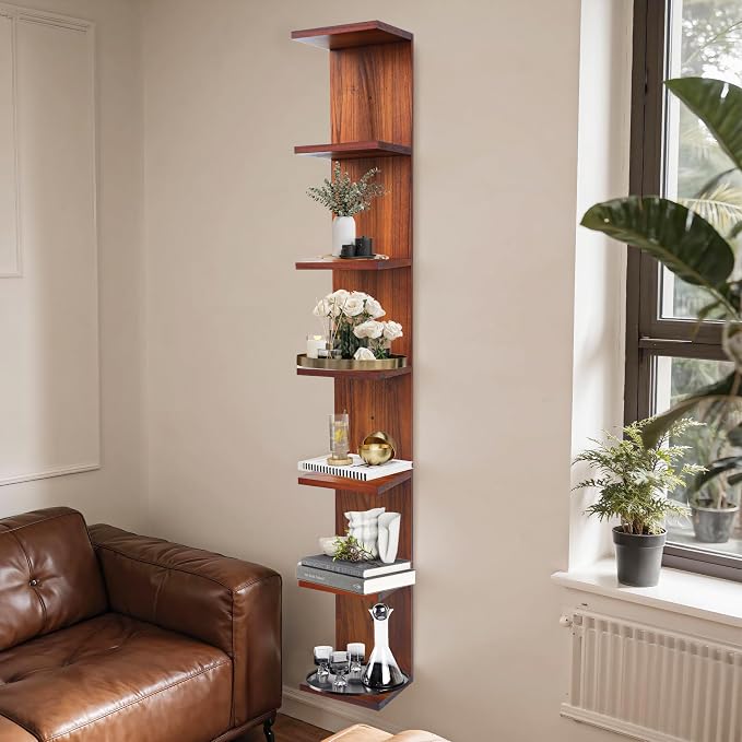 7 Tier Wall Shelf Unit,Vertical Column Floating Storage Home Decor Organizer,Walnut Lack Wall Shelf for Bedroom,Living Room,Office Decor(2 Pack)