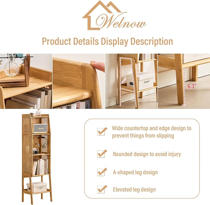 Welnow Bamboo Rattan Bookcase with Cabinet, 3-Tier Storage Shelf with Side Table & End Table Function, Large Modern Wood Organizer for Living Room or Bedroom, Natural Bookshelf