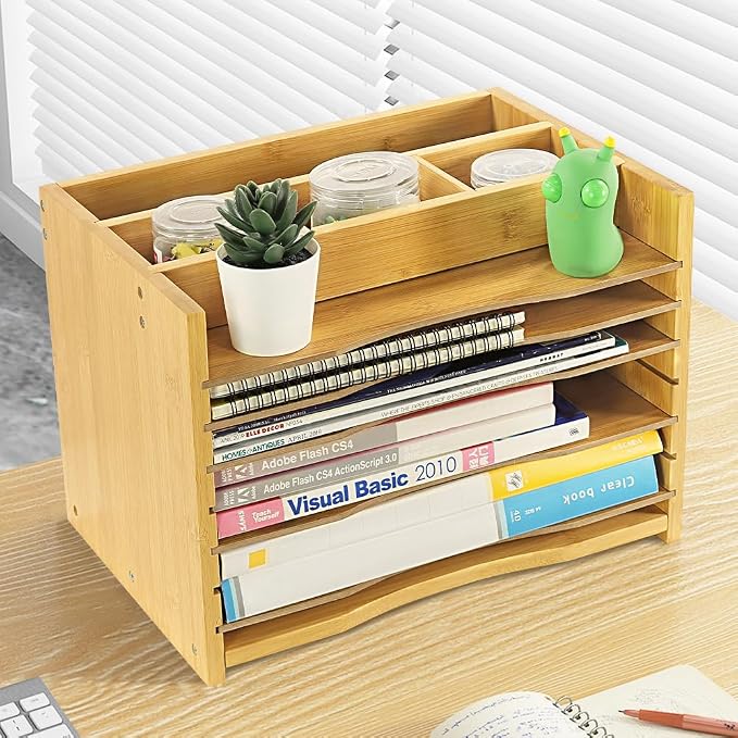 WKWKER 5-Tiers Bamboo File Organizer Paper Organizer Mail Sorter Document Letter Trays Desk Organizer with 4 Dividers for Office Home Study Desk Storage (Natural Color)