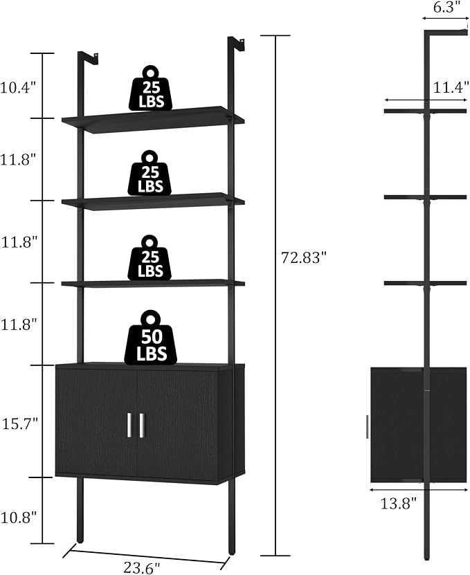Yusong 73" Tall Bookshelf with Cabinet, Industrial Ladder Wall Mount Shelf Bookcase with Wood and Metal Frame, Plant Shelf Wall Storage Display for Living Room Bedroom, Black Wood Grain