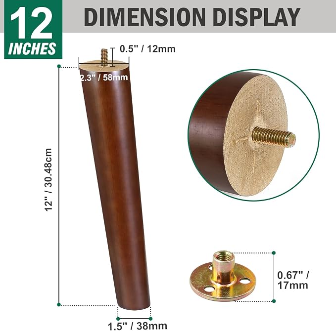FoDau770 Brown Rubber Wood Furniture Legs 12 Inches, Slant Tapered Wood Feet Mid Century Sofa Legs Set of 4, 5/16" UNC Furniture Feet Replacement Parts for Cabinet Couch Dresser Chair Ottoman Table