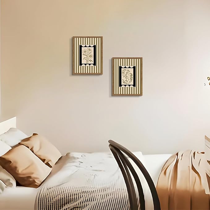 Framed Vintage Botanical Wall Art Set of 2, Olive Green Striped Floral Line Drawing Canvas Prints, Minimalist Nature Plant Artwork, Rustic Wall Decor for Living Room Bedroom Entryway 8x10in