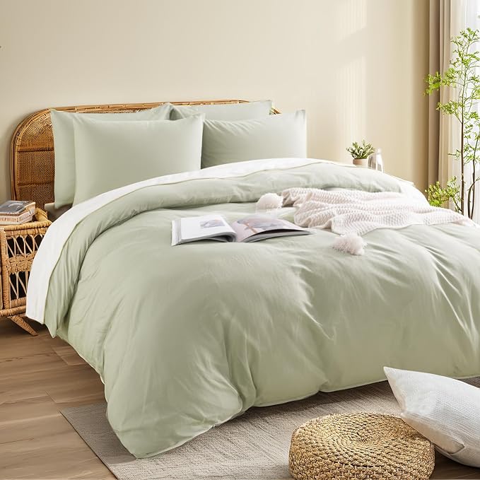 NEXHOME PRO Full Duvet Cover Set – 100% Certified Organic Cotton with Washed Feel & Linen-Like Texture, Comfortable & Breathable, Home Bedding Set Sage Green (No Comforter)