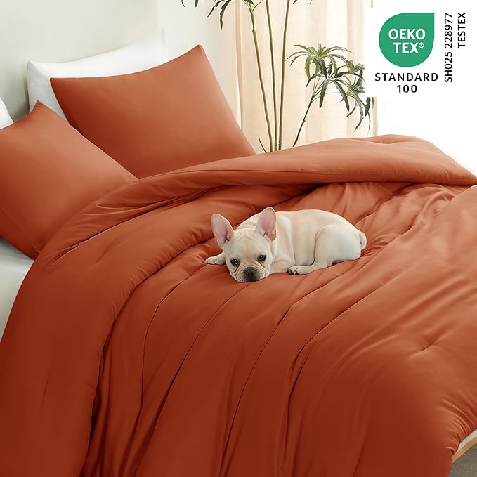 CozyLux California King Comforter Set Burnt Orange, 3 Pieces Cal King Lightweight Down Alternative Fall Bedding Sets, Terracotta All Season Solid Comforter with 2 Pillowcases, Bed Set Gift for Home