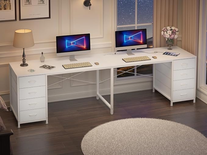 YOMILUVE 95'' Two Person Desk with 8 Drawers, Long Computer Desk with Charging Station, 2 Person Desks Double Desk Writing Study Table for Home Office, White