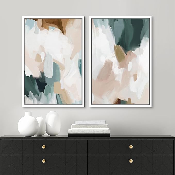 MUDECOR Framed Canvas Print Wall Art Watercolor Pastel White Blue Pattern Abstract Illustrations Modern Art Decorative Bohemian Colorful Chic for Living Room, Bedroom, Office - 24"x36"x2 White