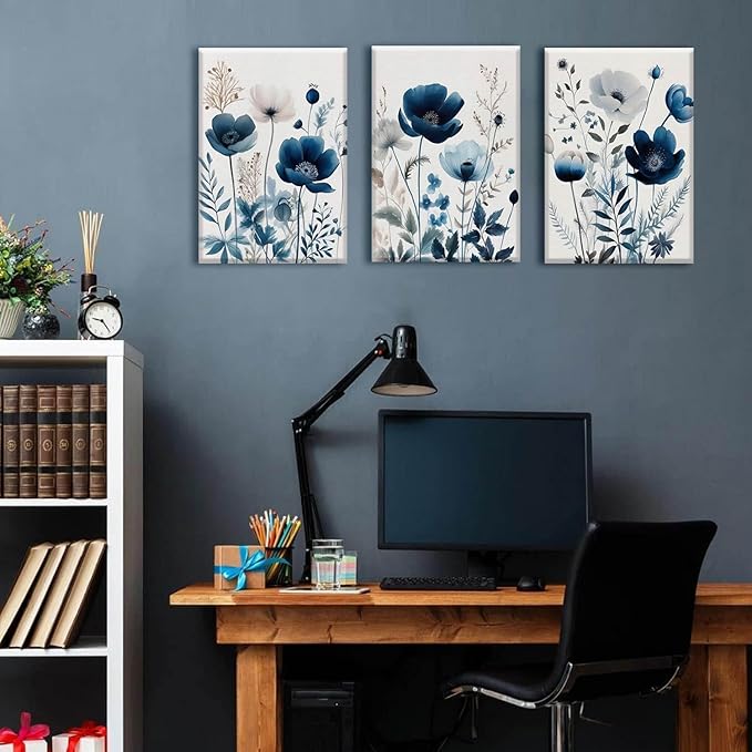 BingruiArt Navy Blue Canvas Wall Art Blue and Gray Boho Flower Wall Decor Floral Watercolor Art Prints Pictures Painting for Living Room Bedroom Bathroom 3Pcs 12x16in Framed