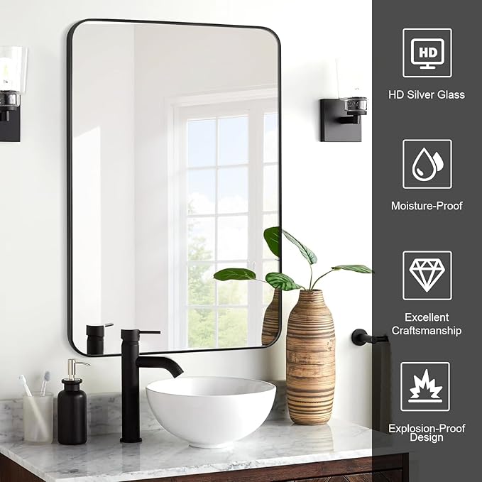 Black Bathroom Mirror 30X42 Inch Rounded Rectangle Wall Mirror Stainless Steel Metal Frame Vanity Mirror Anti-Rust for Entryway, Bathroom, Vanity, Living Room Hangs Vertically or Horizontally