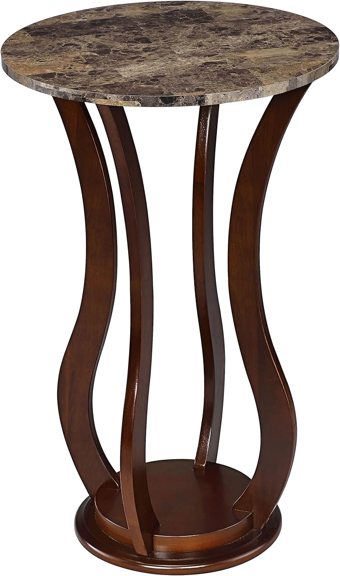Coaster Home Furnishings - Elton - Wood - Round Plant Stand with Faux Marble Top, Curved Wooden Legs, Built-in Shelf Base and Traditional Style - Living Room - Brown - 900926
